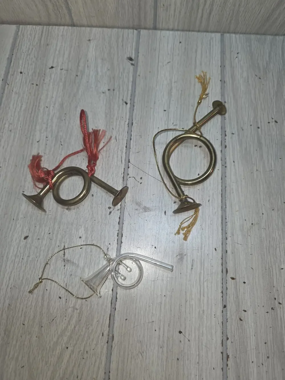 Vtg Miniature Decorative Brass French Horns 2 Brass 1 Glass Christmas Ornaments
